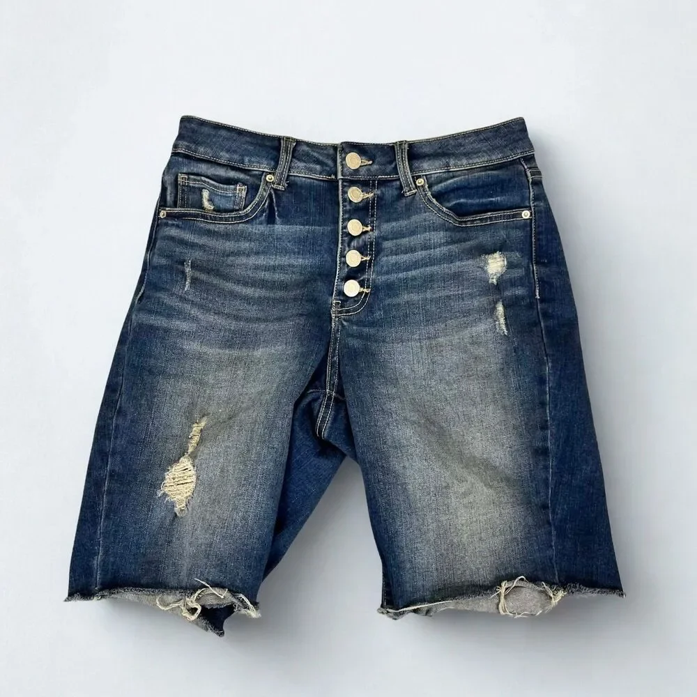 Time and Tru Denim Shorts Women 8 High Rise Distressed Bermuda Raw Hem Buttonfly